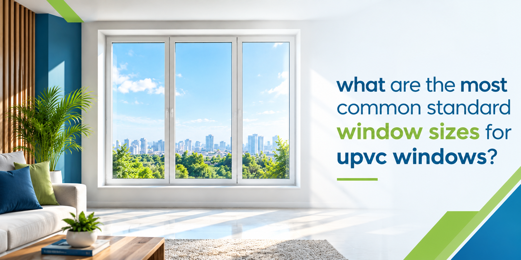 Bright living room with a white three-panel UPVC window overlooking a city skyline and green trees, with the text “What are the most common standard window sizes for UPVC windows?”