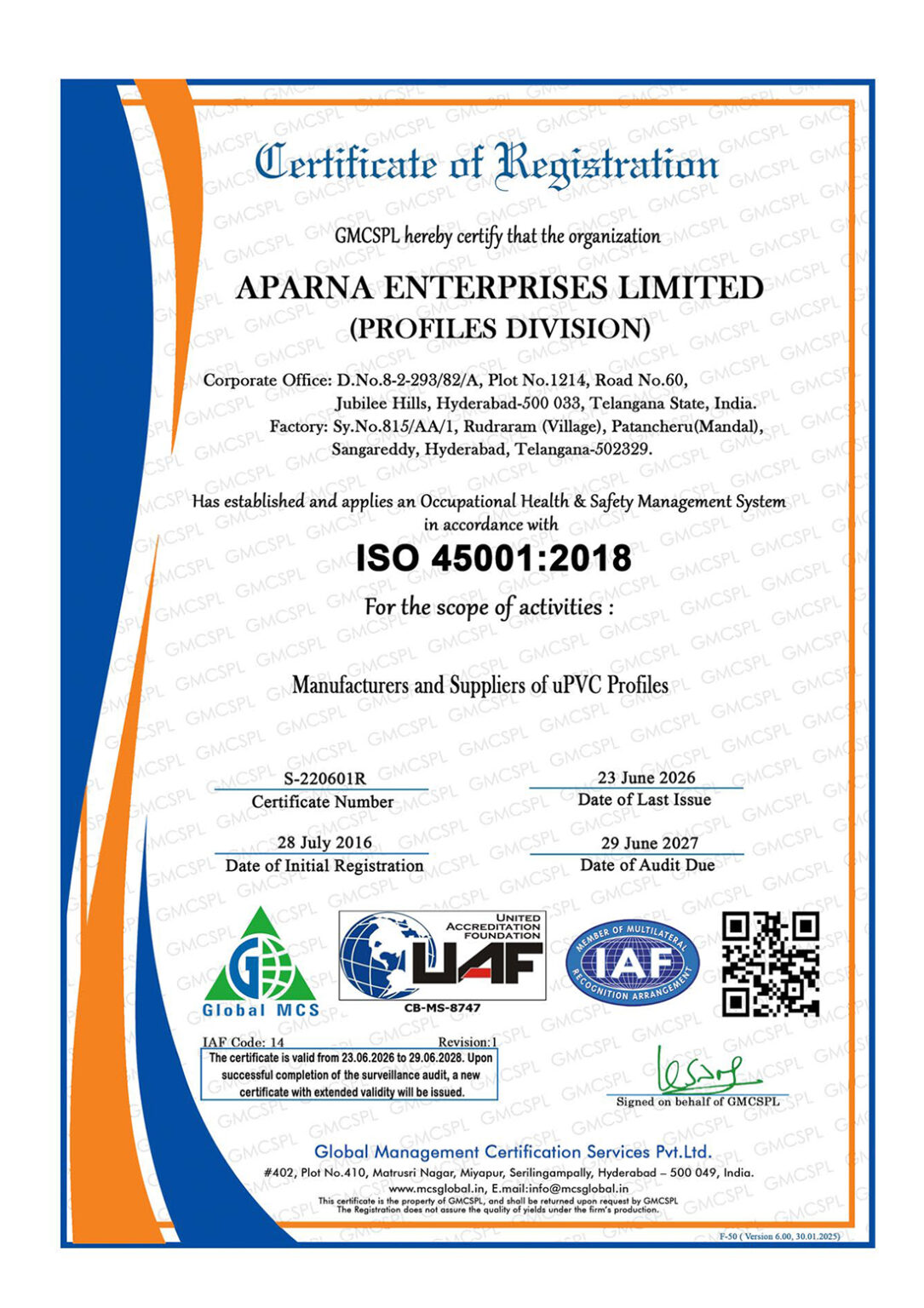 Certificate---Aparna-Profile-Certified-by--Global-45001-2018