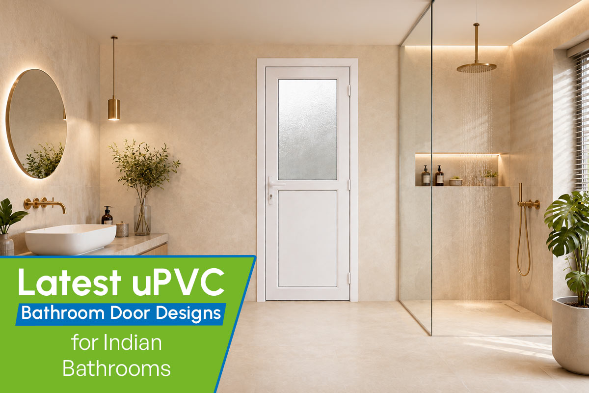 Waterproof uPVC bathroom door installed in a modern Indian bathroom