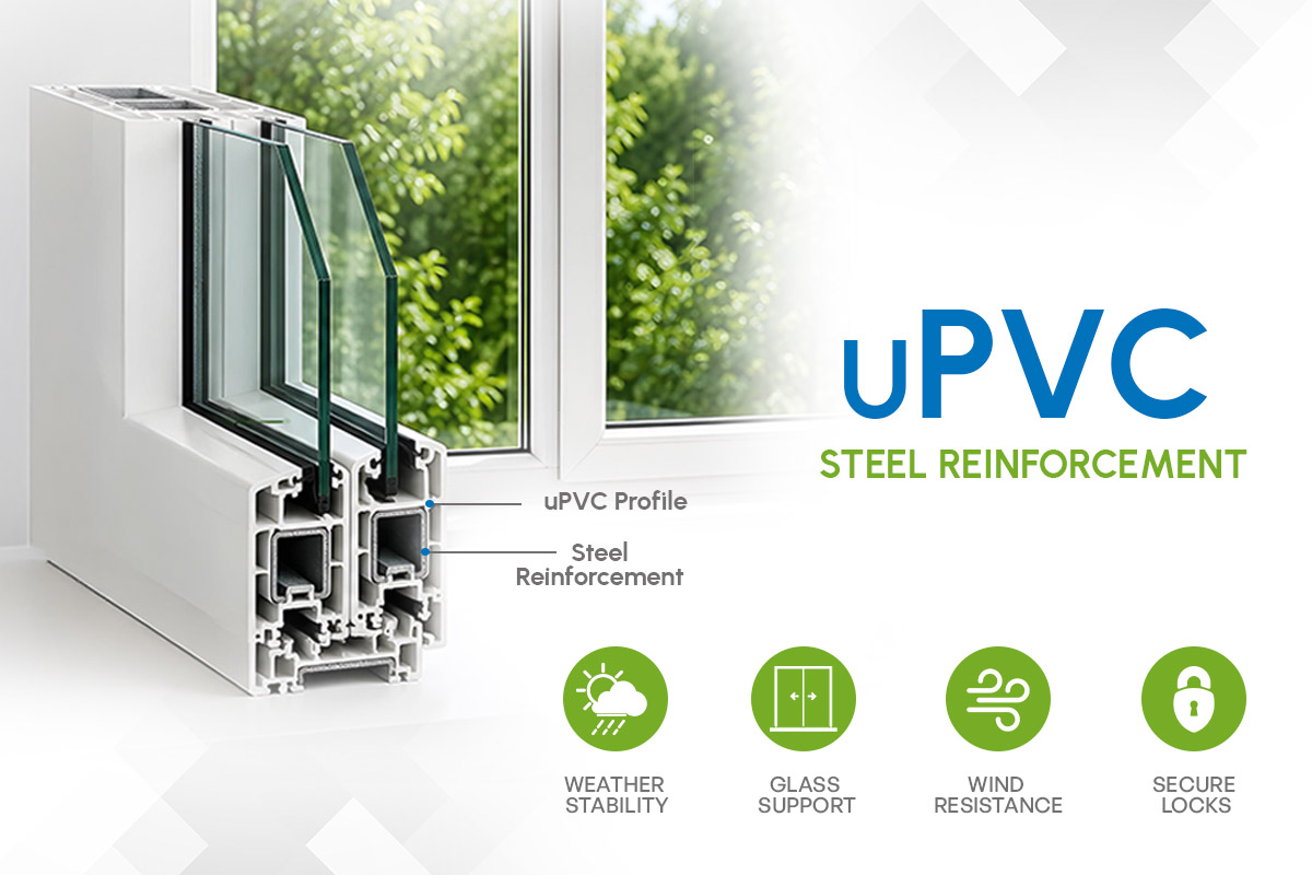 Galvanised steel reinforcement channel inside a uPVC window profile