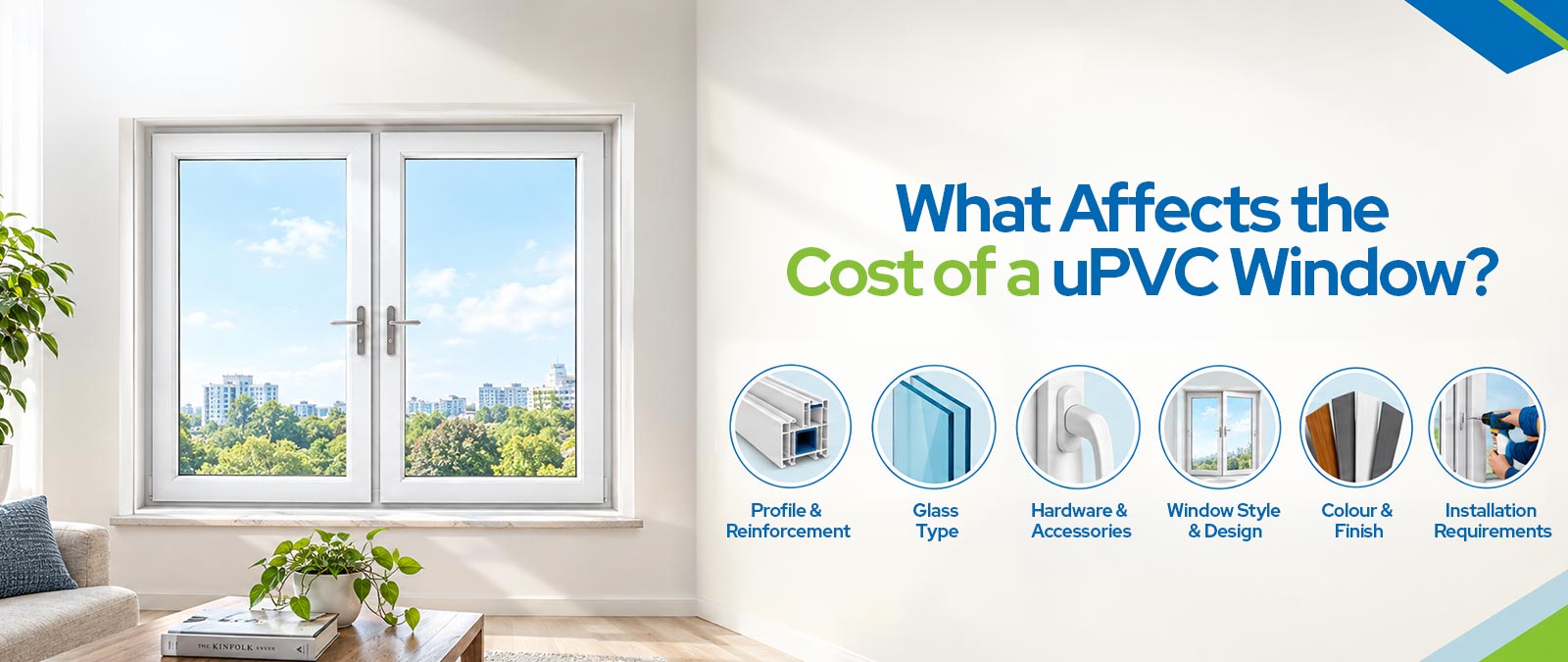 uPVC window showing the frame, glass and hardware that affect its cost.