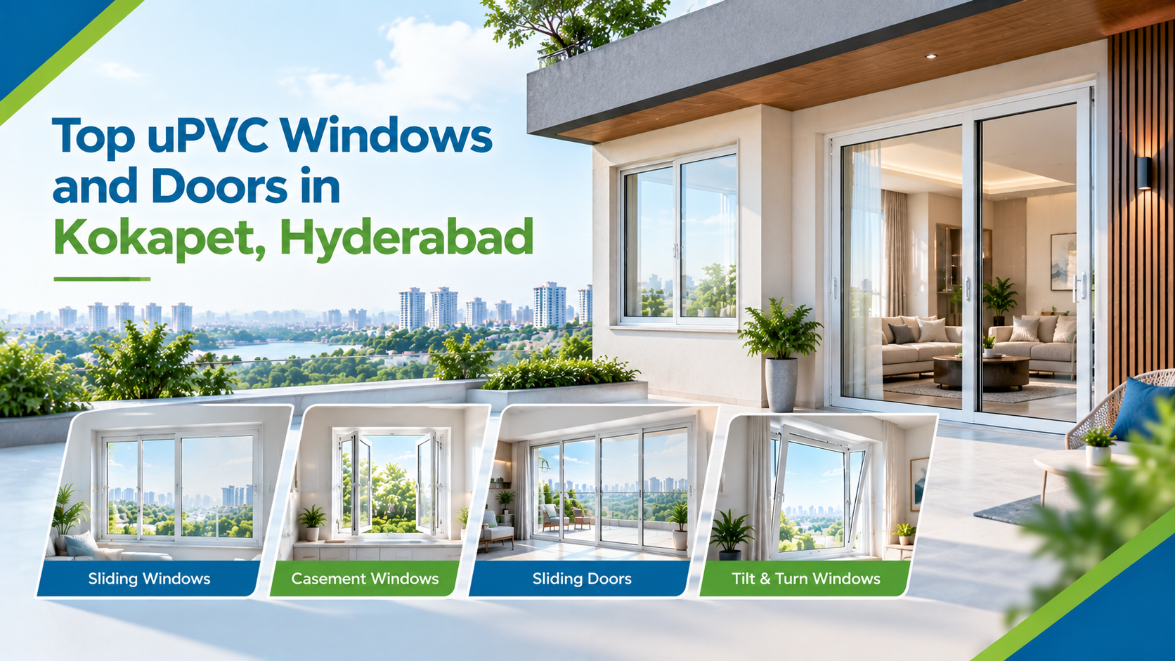 uPVC sliding door opening onto a high-floor balcony in Kokapet, Hyderabad, with residential towers in view