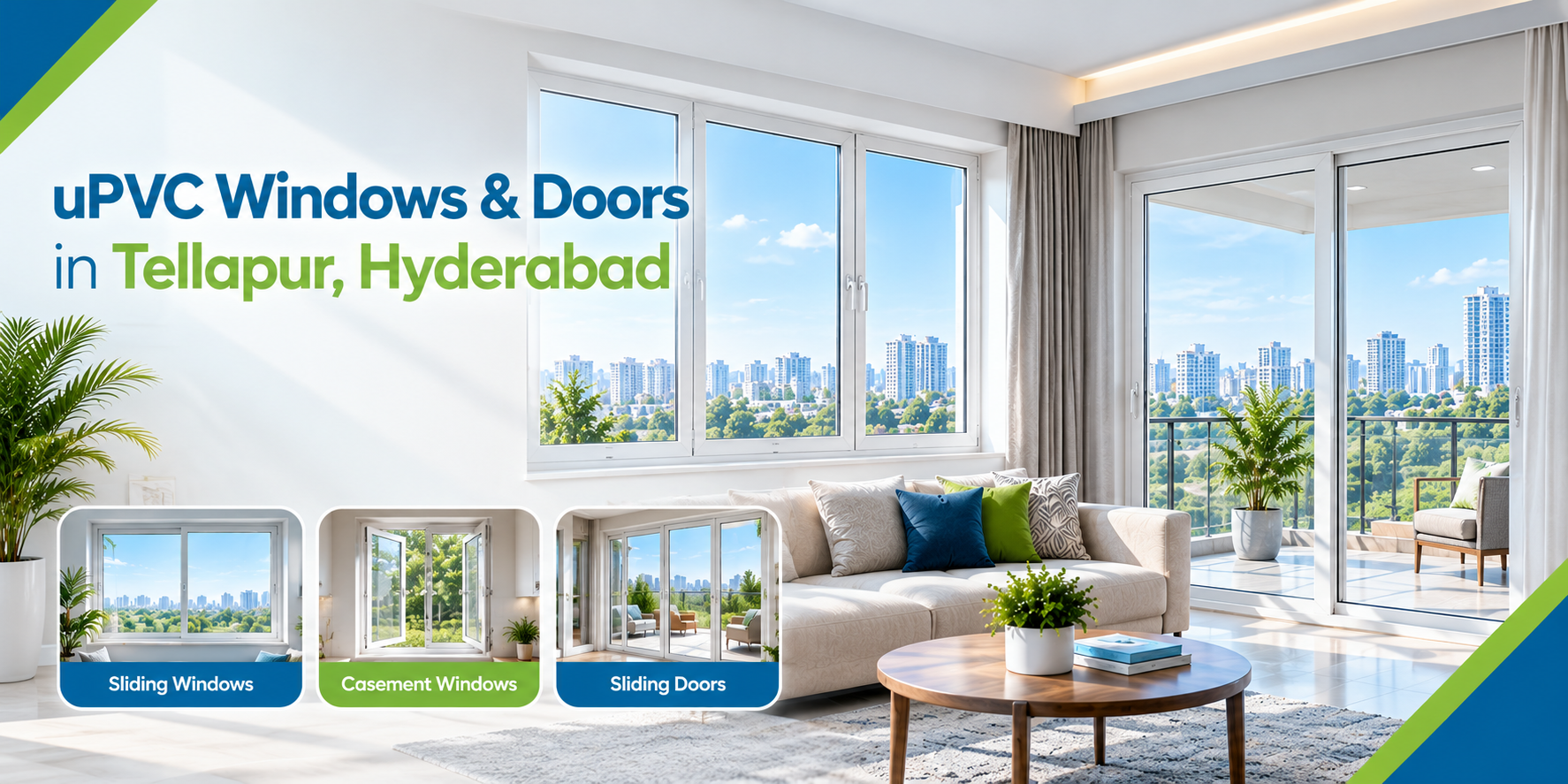 uPVC windows and doors in Tellapur, Hyderabad: white three-panel window and sliding balcony doors in a bright living room