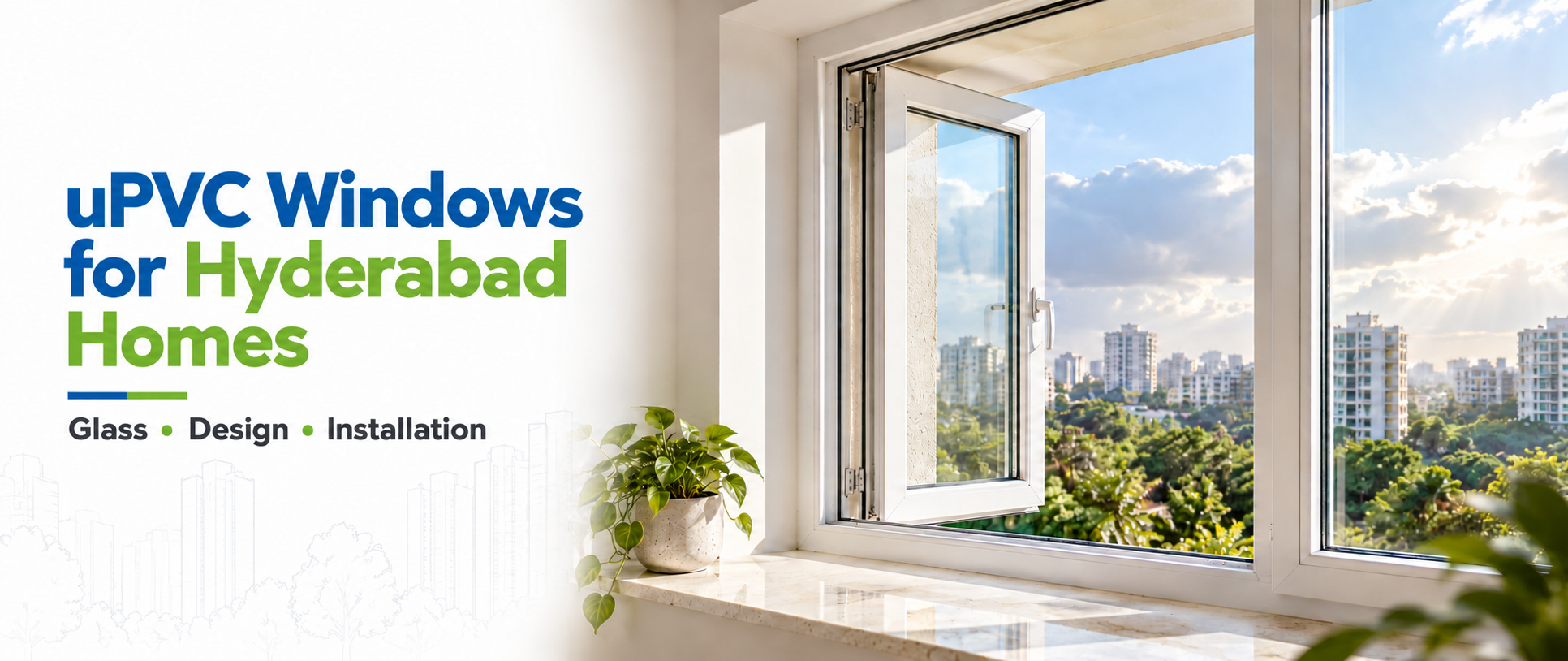 White uPVC sliding window with double-glazed glass in a Hyderabad apartment living room